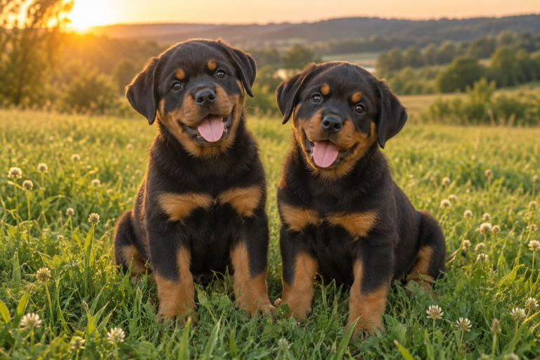 Illustrative image of two Rottweiler puppies sitting together in a sunny meadow